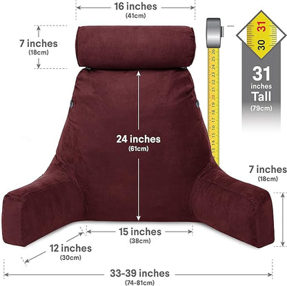 Husband Pillow XXL Aspen Edition, Adult Reading Sit Up Bed Rest Pillow for Bed with Arms & Neck Roll on Bungee Cord, Premium Memory Foam, Reversible 2 Sided Cover Micro Suede or Plush, Arizona Maroon