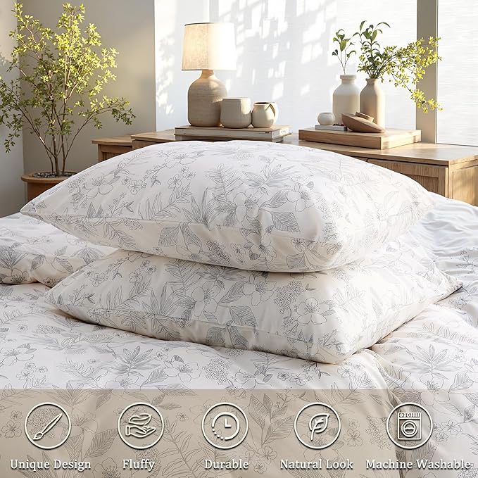 100% Cotton Floral Duvet Cover Set King Size Ultra Soft Breathable Grey Floral and Leaf Comforter Cover Set 3 Pcs All Season Cozy Floral Bed Cover with Zipper Closure