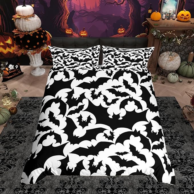 Castle Fairy Halloween Bat Duvet Cover Queen Size,Black Bats Silhouette Animal Print Polyetser Bedding Set (Not Comforter),Happy Holiday Gothic Style White Comforter Cover for Bedroom, Zipper, Ties