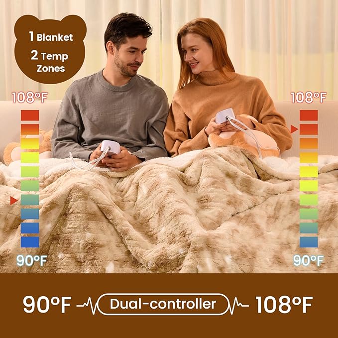 Bearhug Electric Blanket Queen Size 84" x 90", Dual Controller Heated Blanket, Faux Fur & Sherpa, 10-Heat Levels & 1-12H Auto Off, Over-Heat Protect, ETL, Machine Washable