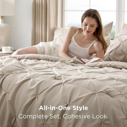 Bedsure Full Comforter Set Beige - Bed in a Bag Full Size Bedding Set 7 Pieces, GentleSoft™ Pintuck Bed Set Gift for Family, Pinch Pleat Beige Comforter with Sheets, Pillowcases & Shams