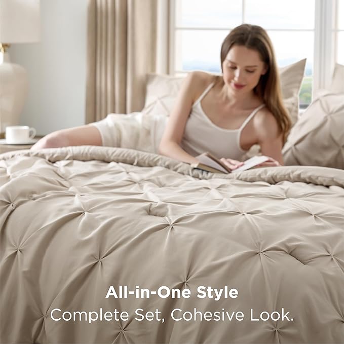 Bedsure Queen Comforter Set Beige - Bed in a Bag Queen Size Bedding 7 Pieces, GentleSoft™ Pintuck Bed Set Gift for Family, Pinch Pleat All Season Comforter with Sheets, Pillowcases & Shams