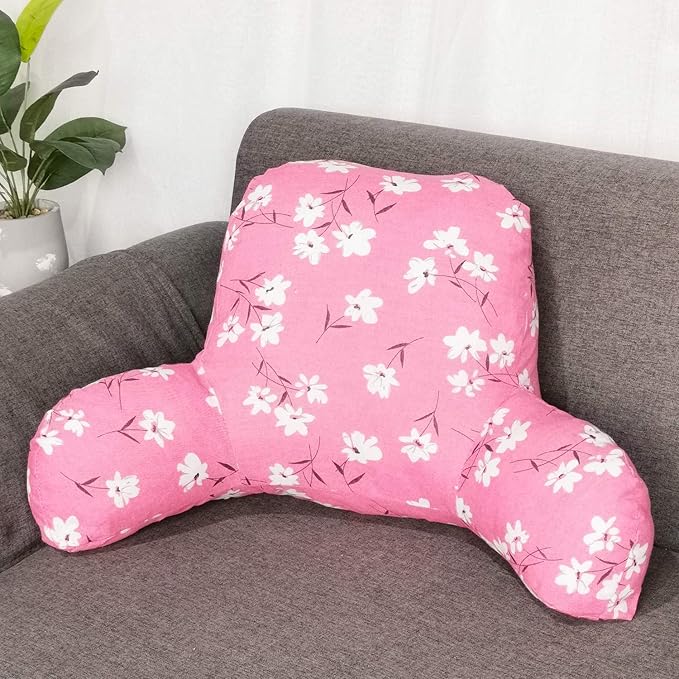 Bohemian Printed Reading Pillow with Support Arms Soft Bed Rest Pillows Back Support Cushion for Kids Reading Watching TV Sitting Up in Bed (20"x15"x8",Pink Floral)