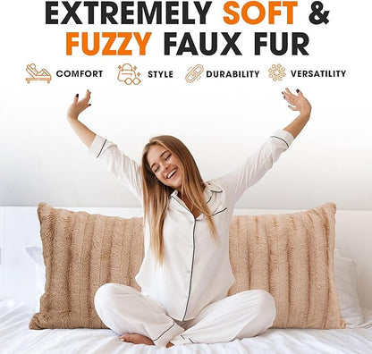 Cheer Collection Faux Fur Long Body Pillow - Accent Throw Pillow for Bed and Couch - Decorative Lumbar Pillow with Insert, Sand (18" x 40")