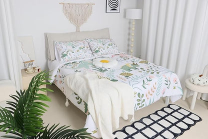 Castle Fairy Cute Dino Kids Comforter Set Queen Size,Kawaii Pink Green Dinosaur Bedding Set for Women Adult,Cartoon Wildlife Floral Leaves Plant Luxury Bed Duvet Insert, 2 Pillowcases