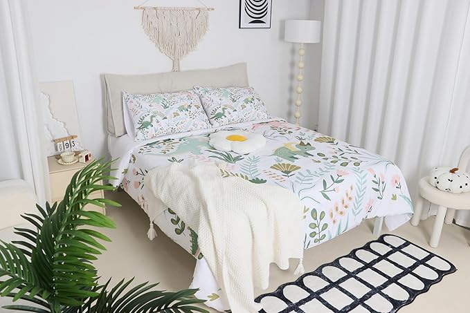 Castle Fairy Cute Dino Kids Comforter Set Twin Size,Kawaii Pink Green Dinosaur Bedding Set for Kids Boys Men,Cartoon Wildlife Floral Leaves Plant Quilted Duvet Set with 1 Pillowcase