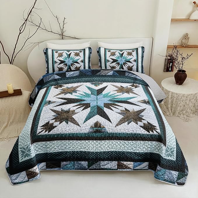 QOOMO Boho Quilt Set Full/Queen Size,Bohemia Bedspread Coverlet Set,Blue Boho 3Pcs Bedding Set Printed Quilt with 2 Pillowcases,Soft and Lightweight,for All Seasons