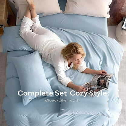 JELLYMONI 100% Washed Cotton Duvet Cover Queen – Soft, Breathable Linen-Look Bedding with Natural Wrinkle Texture, Button Closure, 3-Piece Set (Mist Blue, 90"x90")