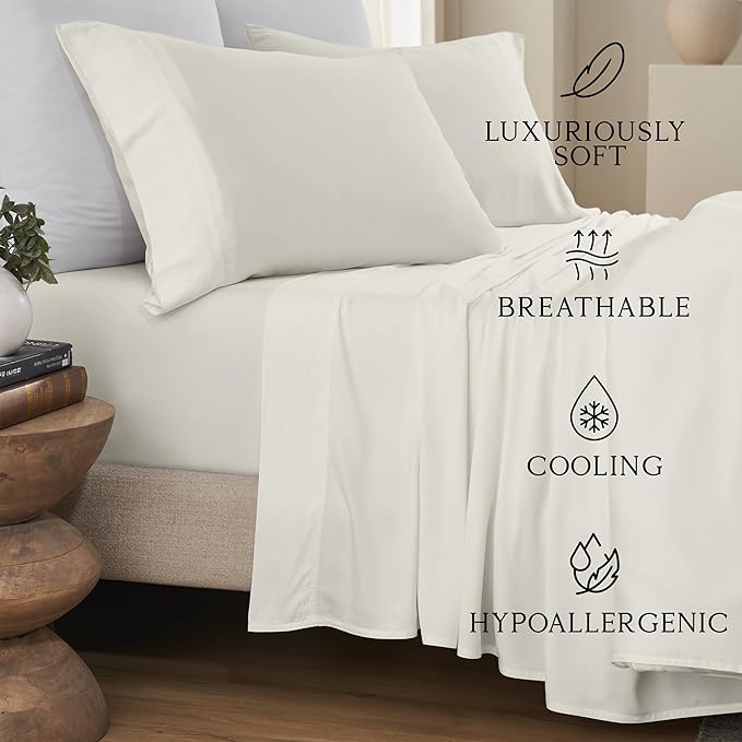 KARISSA MAE Cooling Bamboo Viscose Cal King Sheet Set | 100% Organically Grown | 18” Deep Pocket | Silky, Soft, & Hypoallergenic | with Organizer Band & Elastic Corner Straps [Ivory]