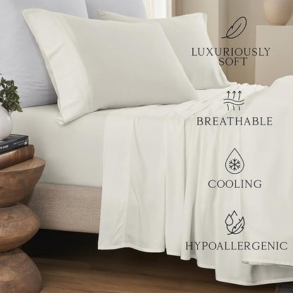 KARISSA MAE Cooling Bamboo Viscose King Size Sheet Set | 100% Organically Grown | 18” Deep Pocket | Silky, Soft, & Hypoallergenic | with Organizer Band & Elastic Corner Straps [Ivory]