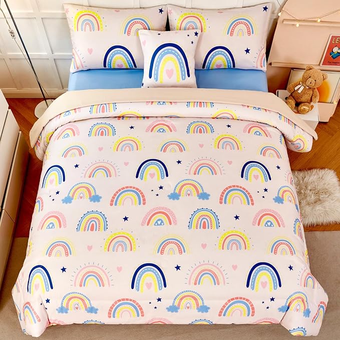 ANGIYUIN 6 Pieces Beige Rainbow Girls Full Size Comforter Set Cartoon Love Hearts Stars Bedding Set for Kids Girls Cute Soft Lightweight Bed in A Bag with Rainbow Comforter, Sheets, Pillowcases