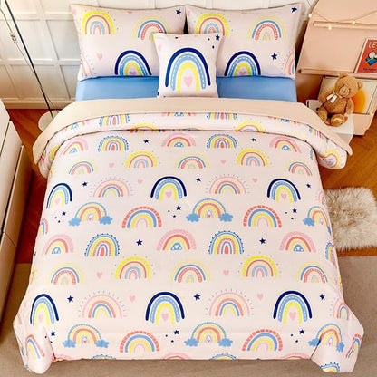 ANGIYUIN 6 Pieces Beige Rainbow Girls Full Size Comforter Set Cartoon Love Hearts Stars Bedding Set for Kids Girls Cute Soft Lightweight Bed in A Bag with Rainbow Comforter, Sheets, Pillowcases