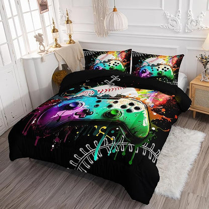 Kids Comforter Set Gamepad Baseball Printed Pattern Bedding Set with 1 Comforter and 2 Pillowcases for Girls Boys Bedroom All Season(Gamepad Baseball Queen)