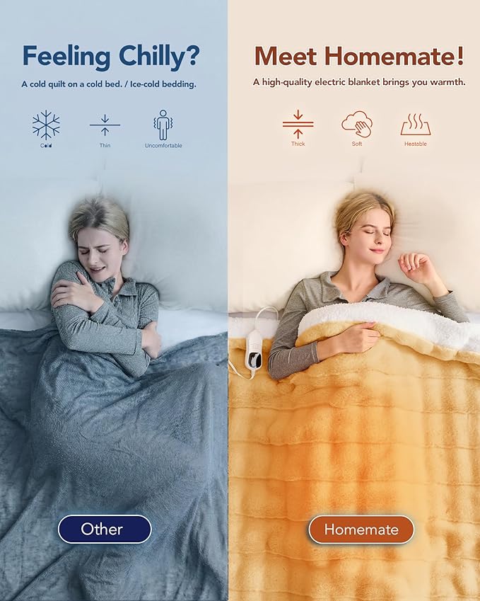 Homemate Heated Blanket Electric Throw - 50"x60" Heating Blanket Throw 1/2/4/6/8 Hours Auto-Off 10 Heat Levels Over-Heat Protection Luxury 800 GSM Faux Fur 200 GSM Sherpa ETL Certification