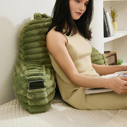 Faux Fur Fluffy Sage Reading Pillow with Pockets, Luxury Striped Plush Decorative, Arm Rests and Back Support for Bed Rest, Lounging on Sofa, Extra Large Size for Adult.