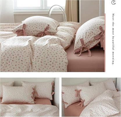 AOJIM Aesthetic Floral Print Duvet Cover for Kids Adults, Pure Cotton Comforter Cover Set 3pcs, 1 Soft Bedding Duvet Cover Queen Size with Zipper Closure and 2 Pillowcases with Bowknot for Room Decor