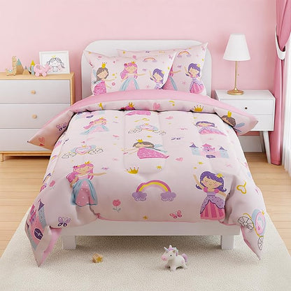 SANDJEST Princess Comforter Set Full Size 98x86in for Kids Girls, Microfiber Bedding Set 4 Pcs Includes 1 Comforter, 2 Pillowcases, 1 Fitted Sheet, Nursery Room Decor Christmas Birthday
