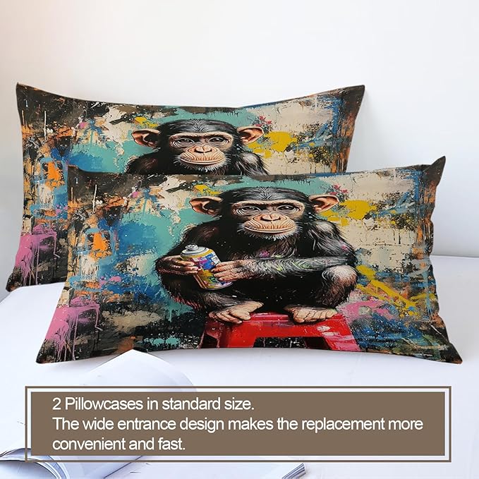 Chimpanzee Duvet Cover Full Size, Street Graffiti Gorilla Bedding Set 3 Piece Bedroom Decor Fun Colorful Comforter Cover and 2 Pillow Sham with Zipper Closure