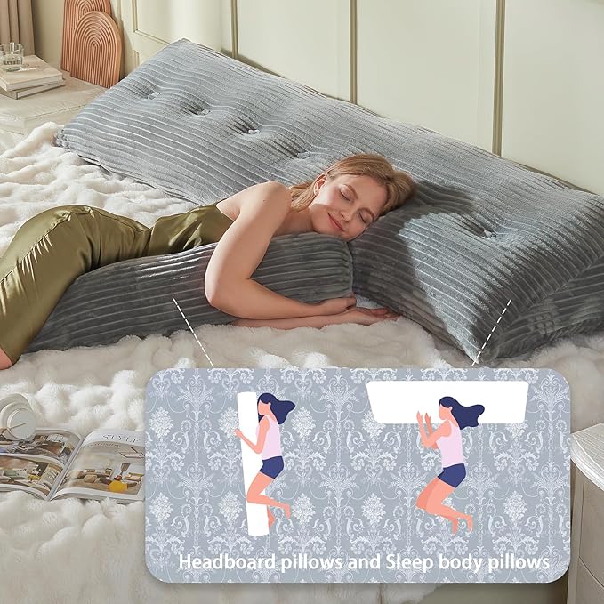 Headboard Wedge Pillow + A Long Neck Roll Pillow Body Pillow，Large Headboard Pillow with Removable Cover (Blue-Gray, Twin：39x8x20 inches)