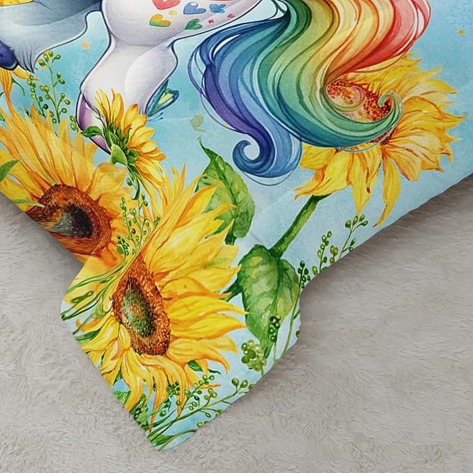 Cute Unicorn Comforter Set Queen Size, Yellow Sunflower Unicorn Bedding Set 3pcs for Kids Girls, Soft Polyester Bedding