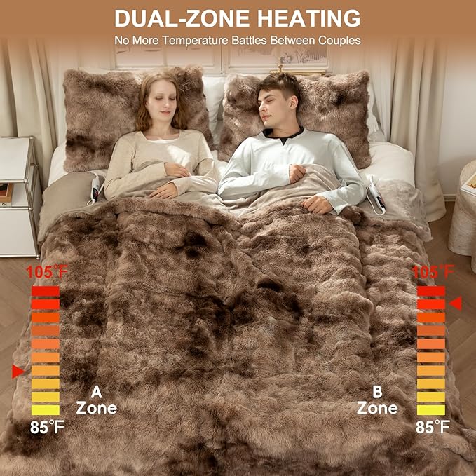 Faux Fur Queen Size Heated Blanket 84"X90" - Bubble Faux Fur Electric Blanket Fluffy Soft Fuzzy with 6 Heating Levels & 10 hrs Timer Settings, Washable & ETL Certified for Bed, Tie-Dye Brown