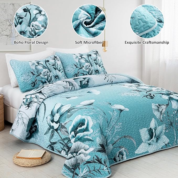 Blue Floral Quilt Set King Size 3 Pieces Boho Flower Quilt Coverlet Set Soft Microfiber Lightweight Floral Quilted Bedspread with 2 Pillow Shams for All Season 90"x104"
