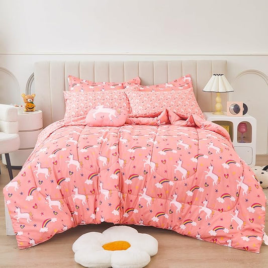 Mooreeke Twin Size Comforter Sets for Girls Kids, 6 Pieces Bed in a Bag Pink Unicorn Rainbow Bedding Comforter Sheet Set with Shams and Decorative Toy Pillow, Ultral Soft Microfiber Kids Bed Set