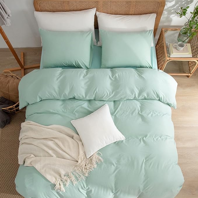 Green Duvet Cover King Size 3-Piece Set - 100% Washed Microfiber, Lightweight & Chic with Zipper Closure & Corner Ties, Includes 1 Duvet Cover & 2 Pillowcases