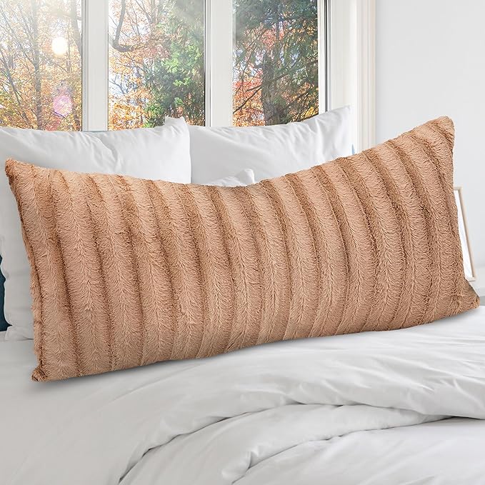 Cheer Collection Faux Fur Long Body Pillow - Accent Throw Pillow for Bed and Couch - Decorative Lumbar Pillow with Insert, Sand (18" x 40")