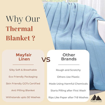 Mayfair Linen 100% Pure Cotton, Luxury Twin/Twin XL Size Light Blue Blanket - Herringbone Pattern, Soft &Cozy Premium Fall Bed Blanket for All Seasons, 350GSM & 68x92 with Free Tote Bag.