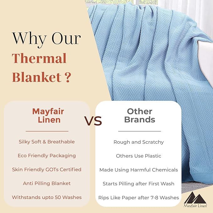 Mayfair Linen 100% Pure Cotton, Luxury King/Cal King Size Light Blue Blanket - Herringbone Pattern, Soft &Cozy Premium Fall Bed Blanket for All Seasons, 350GSM & 106x92 with Free Tote Bag