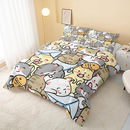 QOOMO Kawaii Cat Comforter Full Size,Cute Cat Comforter Set for Kids Teens Girls,3Pcs Bedding Set Printed Comforter with 2 Pillowcases,Down Alternative,Soft and Lightweight，Full Size
