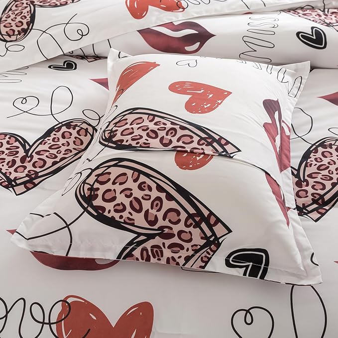 Caressma Heart Print Comforter Set Full Size, Lips Love Print Teens Romantic Comforter Sets for Girls, Red and Leopard Sexy Heart Pattern Bedding Comforter Set for Valentine's Day