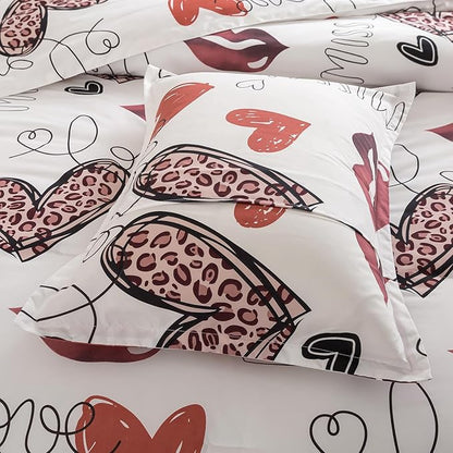 Caressma Heart Print Comforter Set Full Size, Lips Love Print Teens Romantic Comforter Sets for Girls, Red and Leopard Sexy Heart Pattern Bedding Comforter Set for Valentine's Day