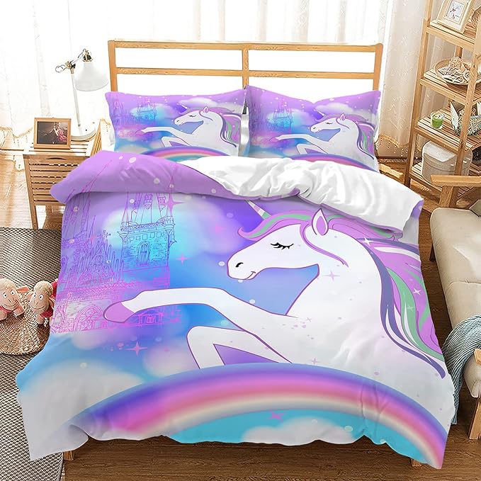 CVHOUSE Rainbow Unicorn Twin Size,Cartoon Bedding Set for Girls Kids Teens,Cute Comforter Cover,1 Duvet Cover 2 Pillowcases 3 Piece Twin 71'x87'