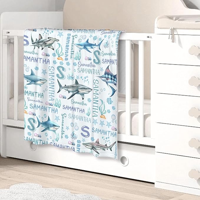 Personalized Baby Blanket for Girls Boys Shark Ocean Custom Baby Blanket with Name Swaddle Blanket for Toddlers Infants Kids Shower Newborns Nursery Stroller Crib Decor Throw Birthday Gift