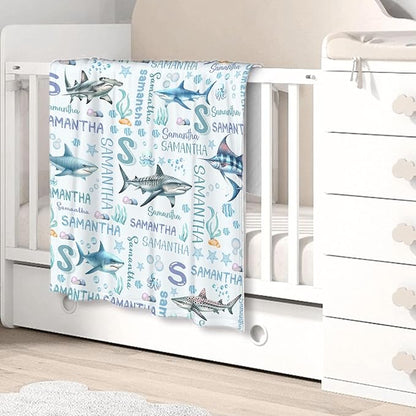 Personalized Baby Blanket for Girls Boys Shark Ocean Custom Baby Blanket with Name Swaddle Blanket for Toddlers Infants Kids Shower Newborns Nursery Stroller Crib Decor Throw Birthday Gift