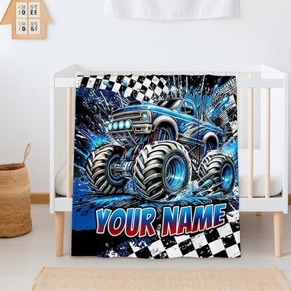 Personalized Blanket for Boys, Truck Throw Blanket Gifts for Kids Boys Age 10-12, 50"x60" Cool Custom Flannel Blankets Gift for Son Cars Lovers Lightweight Throws for Couch Sofa Bed Decor (Blue)