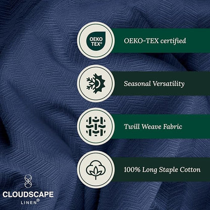 Cloud Scape Linen 100% Cotton Blanket Queen Size - Heavy and Soft, Season, Winter Cozy Blanket, Herringbone Weave, Best Gift for Women, fits Full Size Bed, 92x92, Ensign Blue