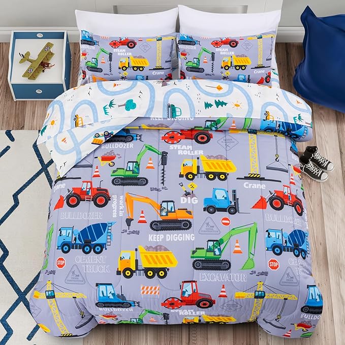 Holawakaka Trucks Tractors Cars Boy Bedding Comforter Set with Sheets, Full Size Cartoon Construction Car Excavator Print Kids Bed in A Bag 5-Piece, Boys Reversible Dorm Bed Sets (Red Full)