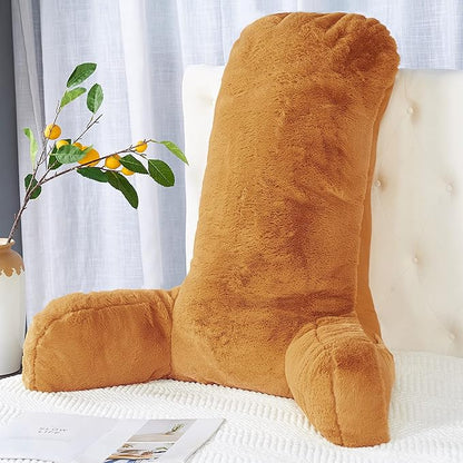 Faux Fur Assembly Need DIY Extra Large Backrest Reading Bed Rest Pillow with Arms and Pockets for Sitting in Bed Couch Sofa, Removable Cover and Filling Seprated, 28" x 30" x17", Burnt Orange
