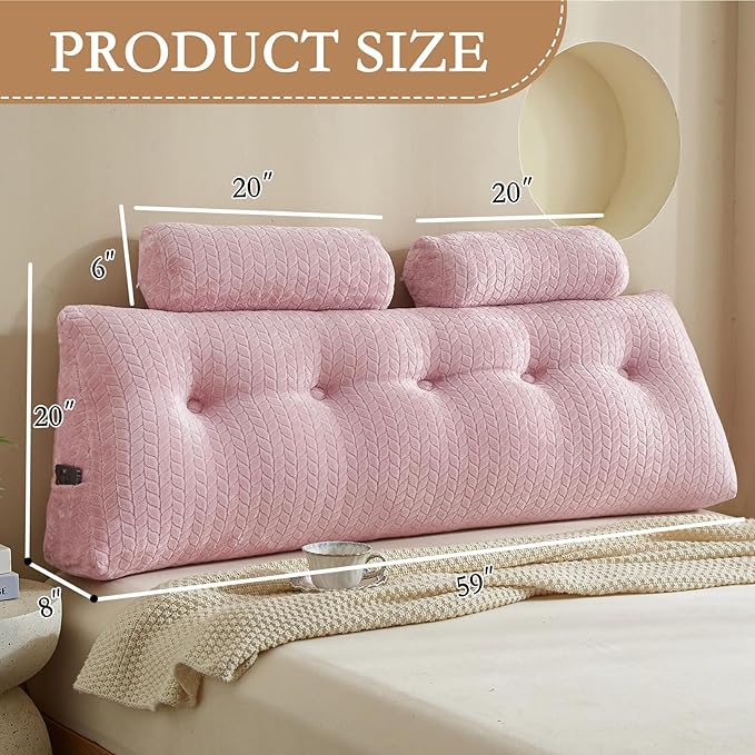 YOUR MOON Wedge Headboard Pillow Queen with 2 Pack Neck Roll Pillow, Triangular Wedge Backrest Pillows Headboard for Bed,Daybed,and Lounging, Large Bed Bolster Pillows,Pink
