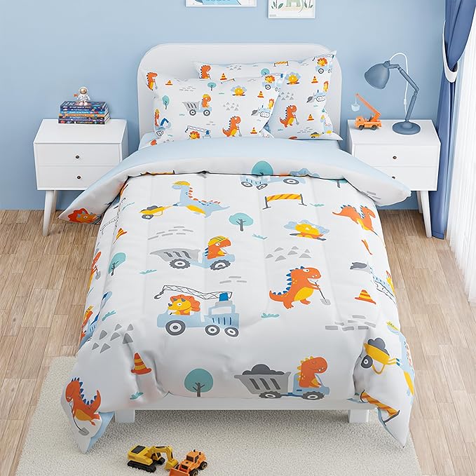 SANDJEST Dinosaur Comforter Set Full Size 98x86in for Kids Boys, Microfiber 4 Pcs Bedding Set Includes 1 Comforter, 2 Pillowcases, 1 Fitted Sheet, Nursery Room Decor