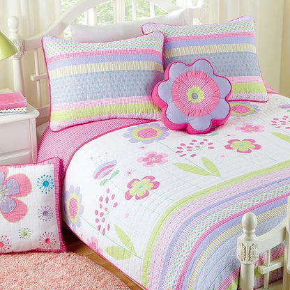 Cozy Line Home Fashions Pink Lavender Green Floral Print Girl 100% Cotton Reversible Quilt Bedding Set, Coverlet, Bedspread (Blossom, Queen - 3 Piece)