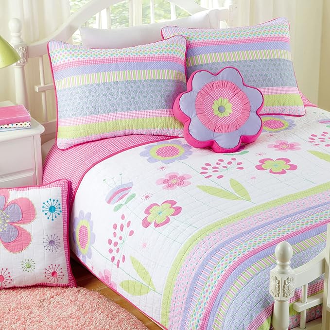 Cozy Line Home Fashions Pink Lavender Green Floral Print Girl 100% Cotton Reversible Quilt Bedding Set, Coverlet, Bedspread (Blossom, Twin - 4 Piece)