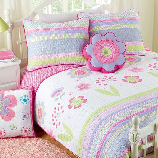 Cozy Line Home Fashions Pink Lavender Green Floral Print Girl 100% Cotton Reversible Quilt Bedding Set, Coverlet, Bedspread (Blossom, Twin - 4 Piece)