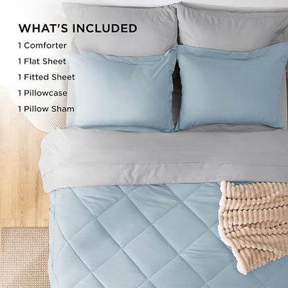 Bedsure Twin Comforter Set - 5 Pieces Reversible Sky Blue Bedding, Twin Size Bed Set for All Seasons, Bed in a Bag with Down Alternative Comforter, Sheets, Pillowcase & Sham