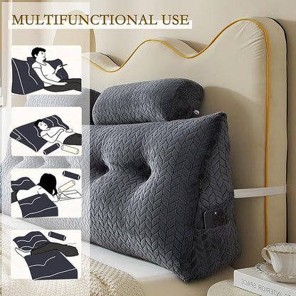 YOUR MOON Wedge Headboard Pillow Queen with 2 Pack Neck Roll Pillows, Triangular Wedge Backrest Pillow Headboard for Bed,Daybed,and Lounging, Large Bed Bolster Pillows,Dark Gray