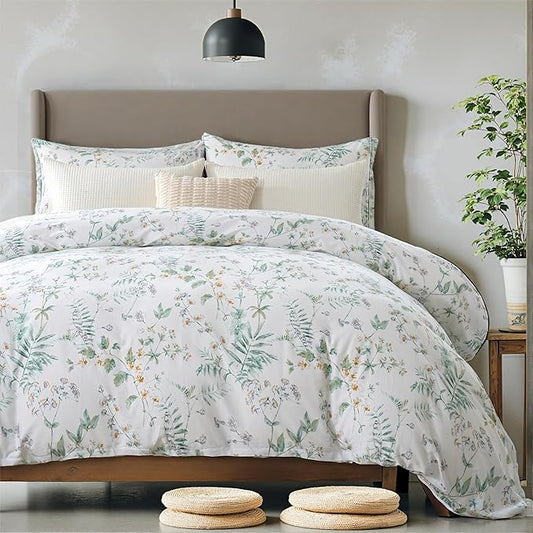 100% Cotton Duvet Cover Set King Size Vintage Chic Style Green Floral Duvet Cover Lightweight Floral Bedding Set with Zipper Closure for All Season, Exquisite, Ultra Soft