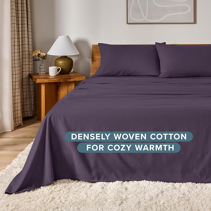 Bare Home Flannel Sheet Set 100% Cotton, Velvety Soft Heavyweight - Double Brushed Flannel - Deep Pocket (King, Eggplant)